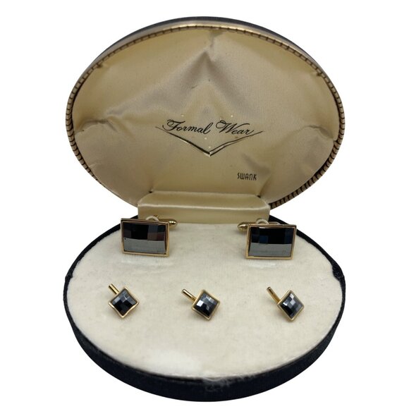 Swank Formal Wear 5 pc Cuff link Stud Set orig box Faceted Black Gold Tone Tux - Picture 1 of 16